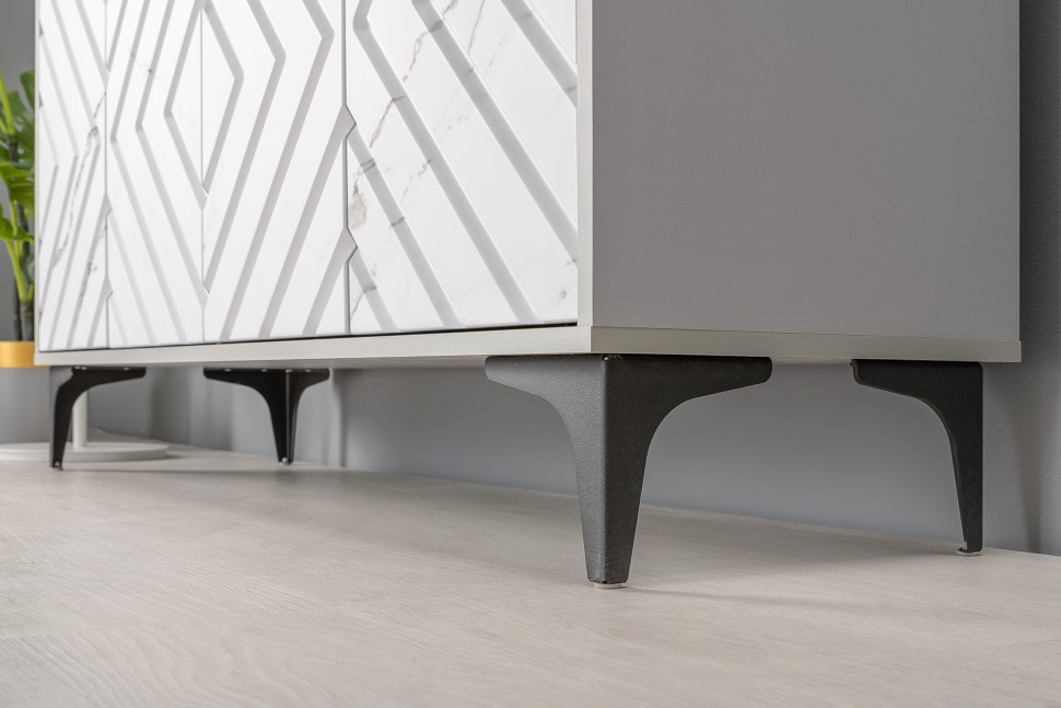 СНЯТО Тумба под ТВ Муар 13.261.02 + 13.261.02, цвет ЛДСП стальной серый/МДФ мрамор белый, ШхГхВ 273,6х40х71,8 см.