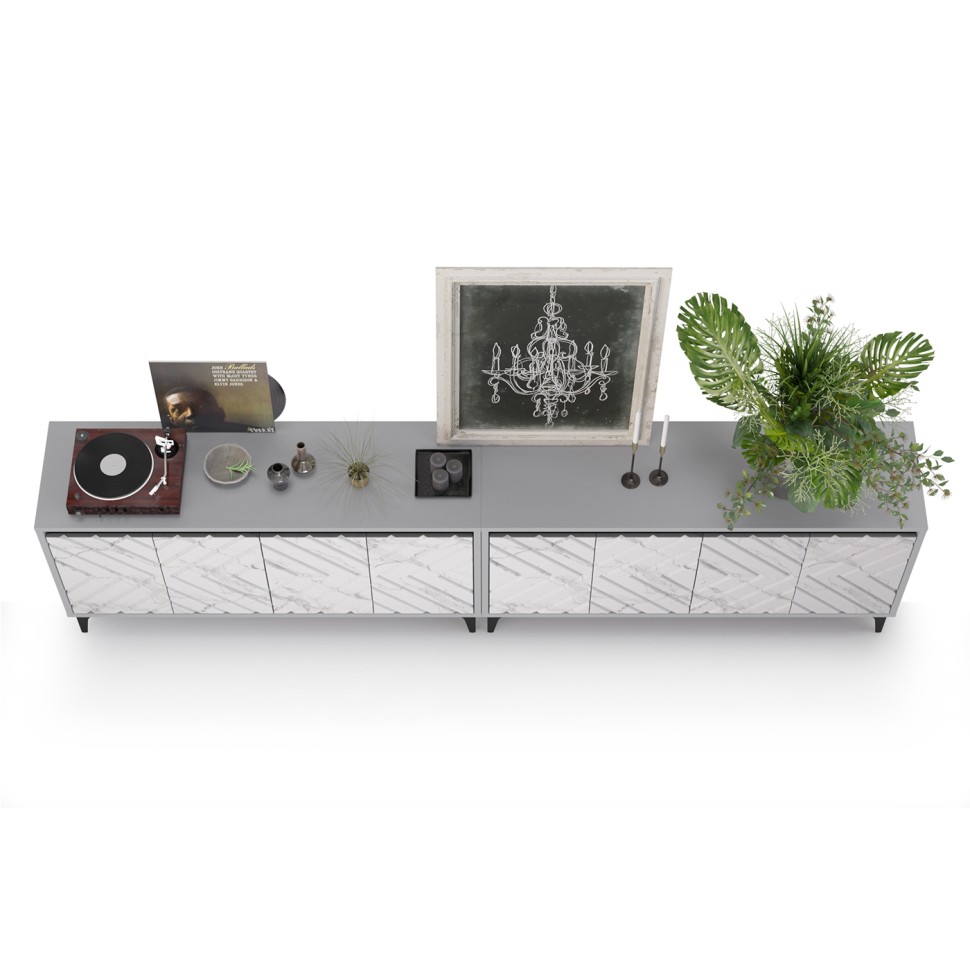 СНЯТО Тумба под ТВ Муар 13.261.02 + 13.261.02, цвет ЛДСП стальной серый/МДФ мрамор белый, ШхГхВ 273,6х40х71,8 см.