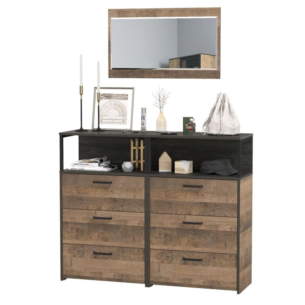 Трувор 13.307.02 Комод с ящиками + 13.307.02 Комод с ящиками + 15.30 Зеркало, цвет дуб гранж песочный/интра, ШхГхВ 132х37х195 см.