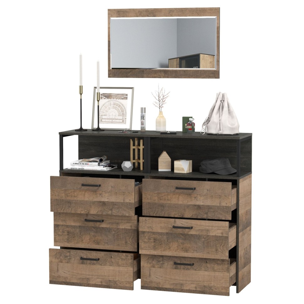 Трувор 13.307.02 Комод с ящиками + 13.307.02 Комод с ящиками + 15.30 Зеркало, цвет дуб гранж песочный/интра, ШхГхВ 132х37х195 см.