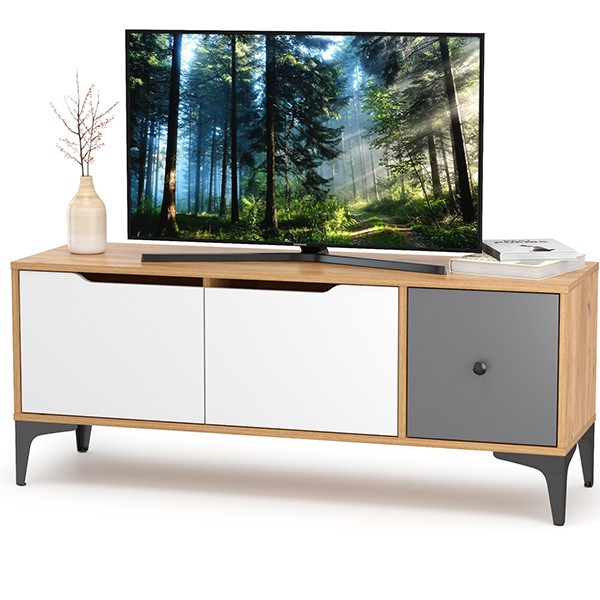 СНЯТО Тумба под ТВ Вайс 13.270.01, цвет корпус: дуб золотой/фасады: тёмно-серый/МДФ милк софт, ШхГхВ 124х38х50,6 см., универсальная сборка