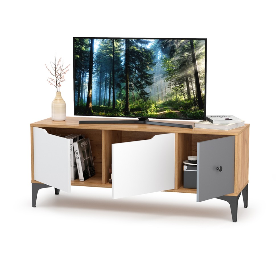 СНЯТО Тумба под ТВ Вайс 13.270.01, цвет корпус: дуб золотой/фасады: тёмно-серый/МДФ милк софт, ШхГхВ 124х38х50,6 см., универсальная сборка