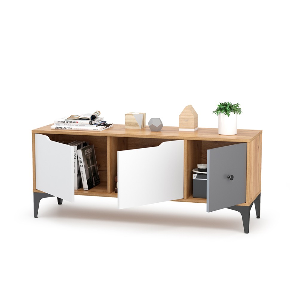 СНЯТО Тумба под ТВ Вайс 13.270.01, цвет корпус: дуб золотой/фасады: тёмно-серый/МДФ милк софт, ШхГхВ 124х38х50,6 см., универсальная сборка