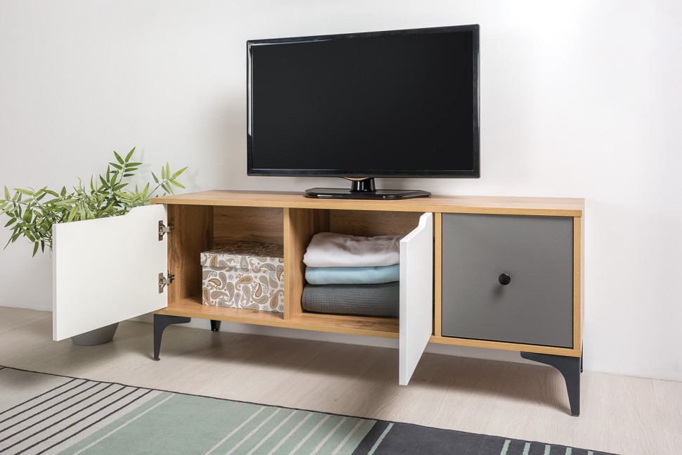 СНЯТО Тумба под ТВ Вайс 13.270.01, цвет корпус: дуб золотой/фасады: тёмно-серый/МДФ милк софт, ШхГхВ 124х38х50,6 см., универсальная сборка