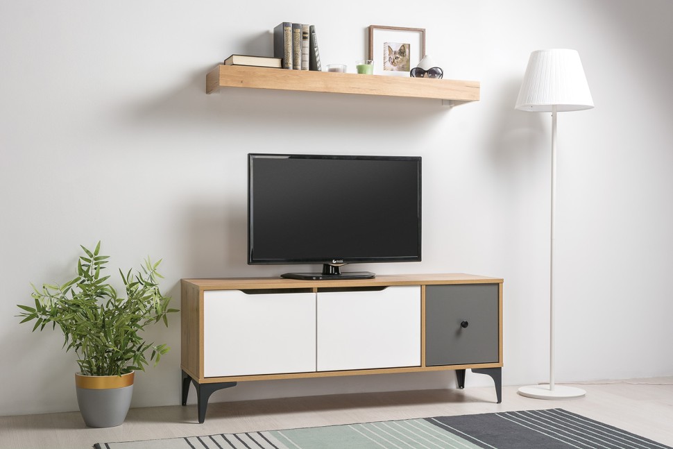 СНЯТО Тумба под ТВ Вайс 13.270.01, цвет корпус: дуб золотой/фасады: тёмно-серый/МДФ милк софт, ШхГхВ 124х38х50,6 см., универсальная сборка