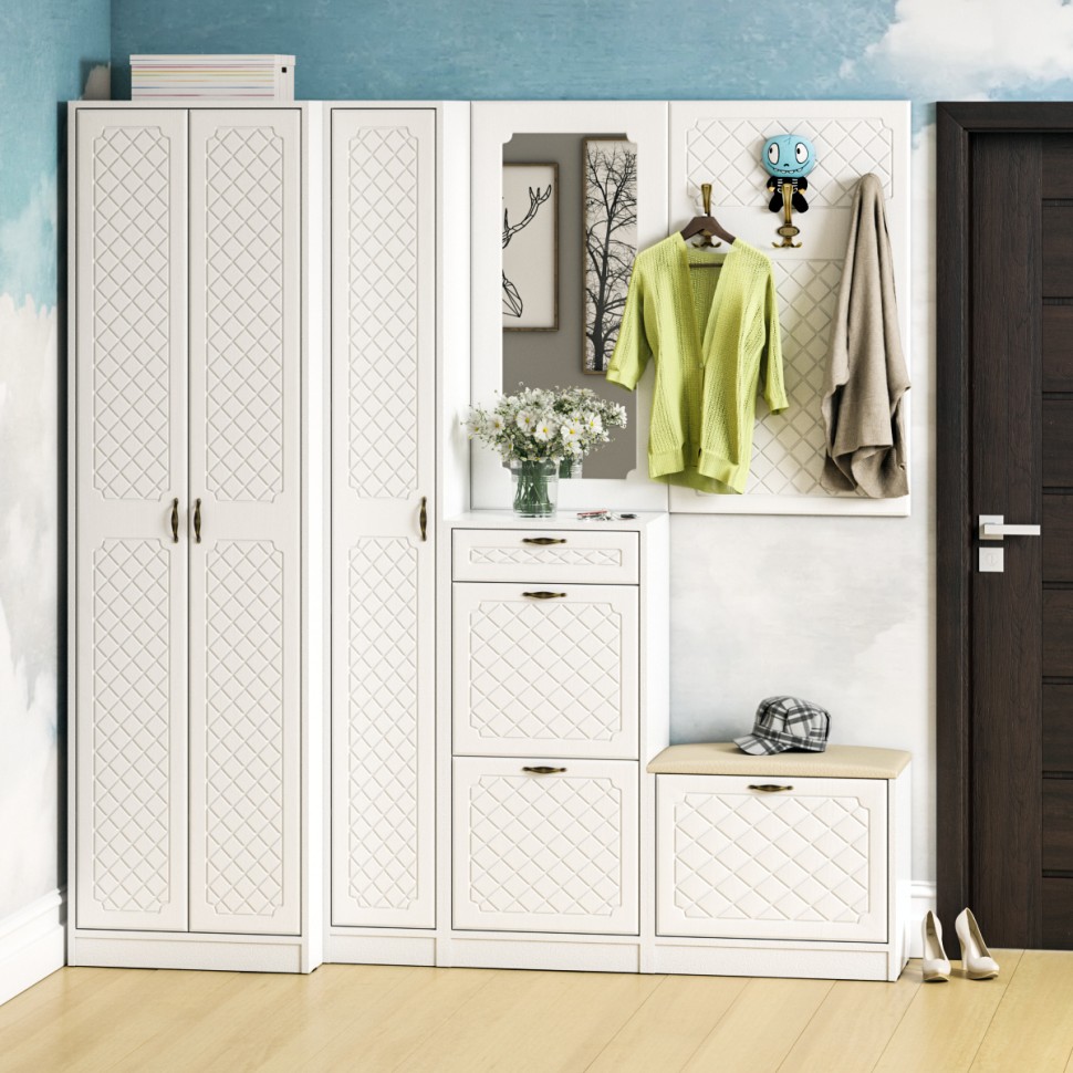 Прихожая П-6 Шкаф, цвет белая шагрень/фасады МДФ белое дерево фрезеровка ромб, ШхГхВ 60х50х210 см.