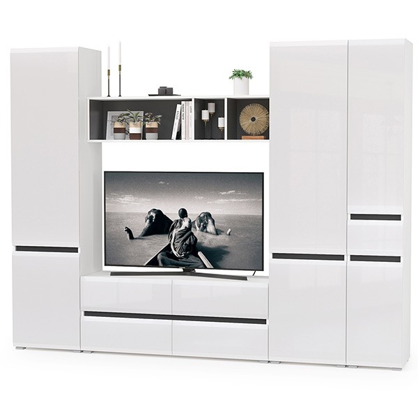 Сидней Комплектация № 027, цвет корпус: белый/чёрный/фасады: МДФ белый глянец, ШхГхВ 264,9х41,3х205,2 см., ниша для ТВ 129х41х98 см., универс. сборка