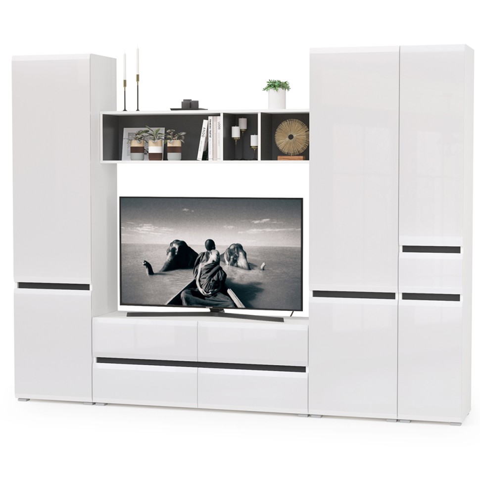 Сидней Комплектация № 027, цвет корпус: белый/чёрный/фасады: МДФ белый глянец, ШхГхВ 264,9х41,3х205,2 см., ниша для ТВ 129х41х98 см., универс. сборка