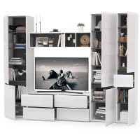 Сидней Комплектация № 027, цвет корпус: белый/чёрный/фасады: МДФ белый глянец, ШхГхВ 264,9х41,3х205,2 см., ниша для ТВ 129х41х98 см., универс. сборка