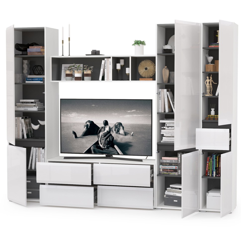 Сидней Комплектация № 027, цвет корпус: белый/чёрный/фасады: МДФ белый глянец, ШхГхВ 264,9х41,3х205,2 см., ниша для ТВ 129х41х98 см., универс. сборка