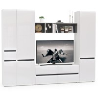 Сидней Комплектация № 027, цвет корпус: белый/чёрный/фасады: МДФ белый глянец, ШхГхВ 264,9х41,3х205,2 см., ниша для ТВ 129х41х98 см., универс. сборка