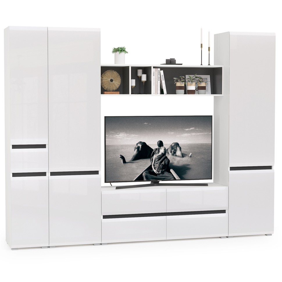 Сидней Комплектация № 027, цвет корпус: белый/чёрный/фасады: МДФ белый глянец, ШхГхВ 264,9х41,3х205,2 см., ниша для ТВ 129х41х98 см., универс. сборка