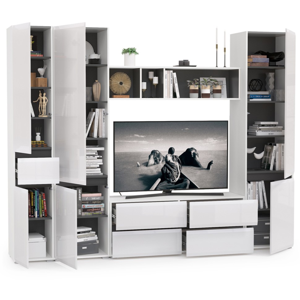 Сидней Комплектация № 027, цвет корпус: белый/чёрный/фасады: МДФ белый глянец, ШхГхВ 264,9х41,3х205,2 см., ниша для ТВ 129х41х98 см., универс. сборка