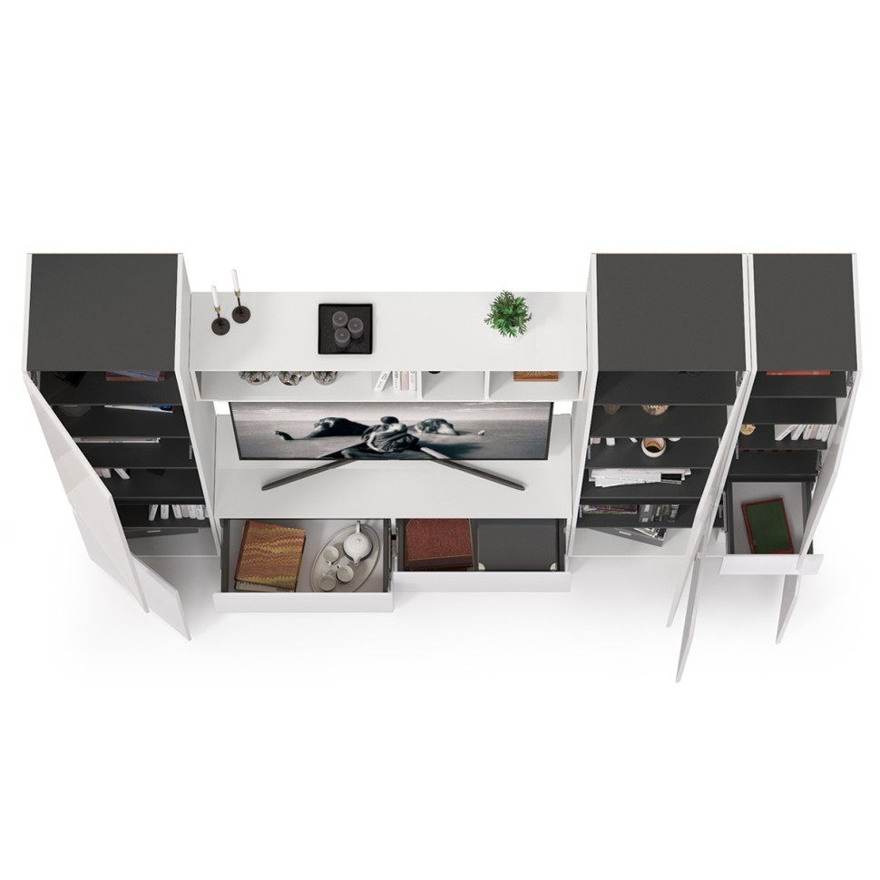 Сидней Комплектация № 027, цвет корпус: белый/чёрный/фасады: МДФ белый глянец, ШхГхВ 264,9х41,3х205,2 см., ниша для ТВ 129х41х98 см., универс. сборка