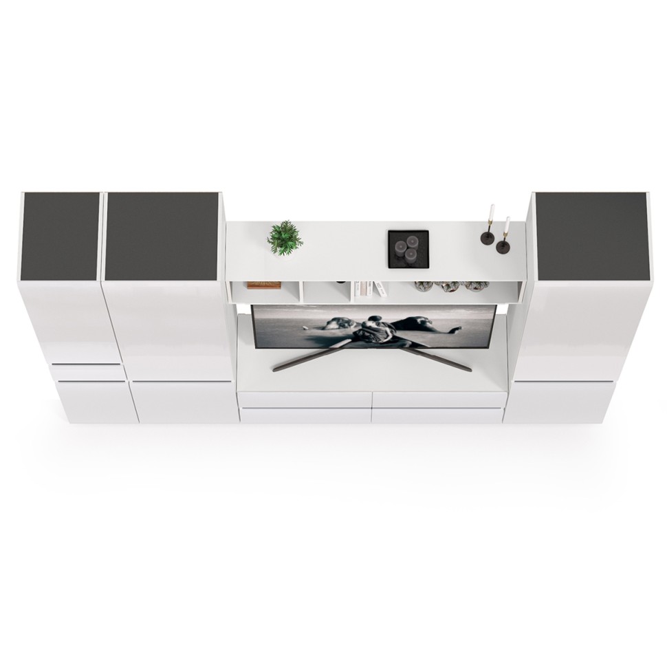 Сидней Комплектация № 027, цвет корпус: белый/чёрный/фасады: МДФ белый глянец, ШхГхВ 264,9х41,3х205,2 см., ниша для ТВ 129х41х98 см., универс. сборка