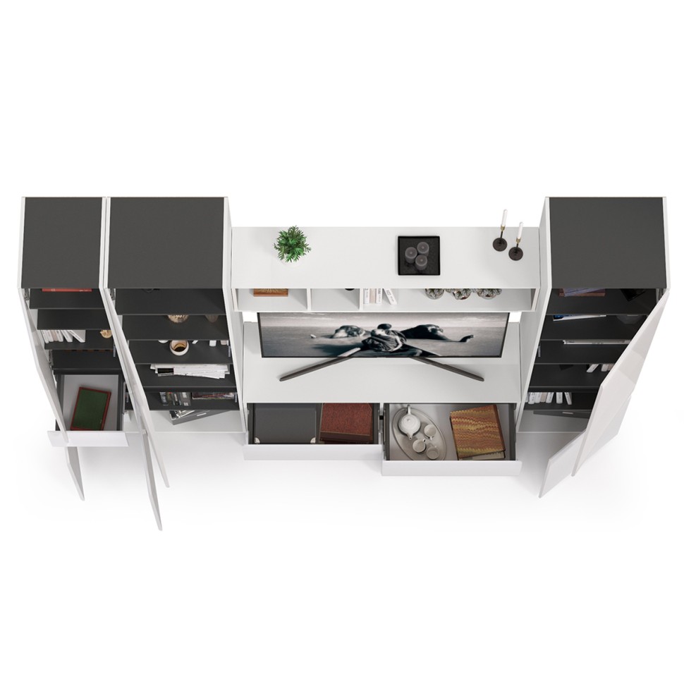 Сидней Комплектация № 027, цвет корпус: белый/чёрный/фасады: МДФ белый глянец, ШхГхВ 264,9х41,3х205,2 см., ниша для ТВ 129х41х98 см., универс. сборка