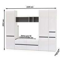 Сидней Комплектация № 027, цвет корпус: белый/чёрный/фасады: МДФ белый глянец, ШхГхВ 264,9х41,3х205,2 см., ниша для ТВ 129х41х98 см., универс. сборка