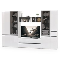 Сидней Комплектация № 028, цвет корпус: белый/чёрный/фасады: МДФ белый глянец, ШхГхВ 314,9х41,3х205,2 см., ниша для ТВ 129х41х98 см., универс. сборка