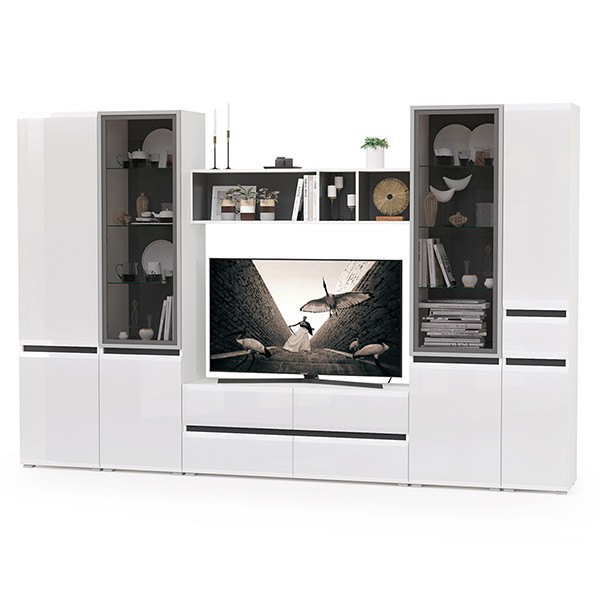 Сидней Комплектация № 028, цвет корпус: белый/чёрный/фасады: МДФ белый глянец, ШхГхВ 314,9х41,3х205,2 см., ниша для ТВ 129х41х98 см., универс. сборка