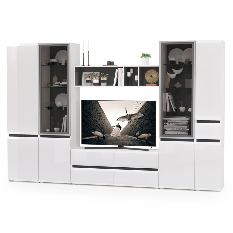 Сидней Комплектация № 028, цвет корпус: белый/чёрный/фасады: МДФ белый глянец, ШхГхВ 314,9х41,3х205,2 см., ниша для ТВ 129х41х98 см., универс. сборка