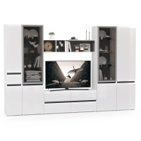 Сидней Комплектация № 028, цвет корпус: белый/чёрный/фасады: МДФ белый глянец, ШхГхВ 314,9х41,3х205,2 см., ниша для ТВ 129х41х98 см., универс. сборка