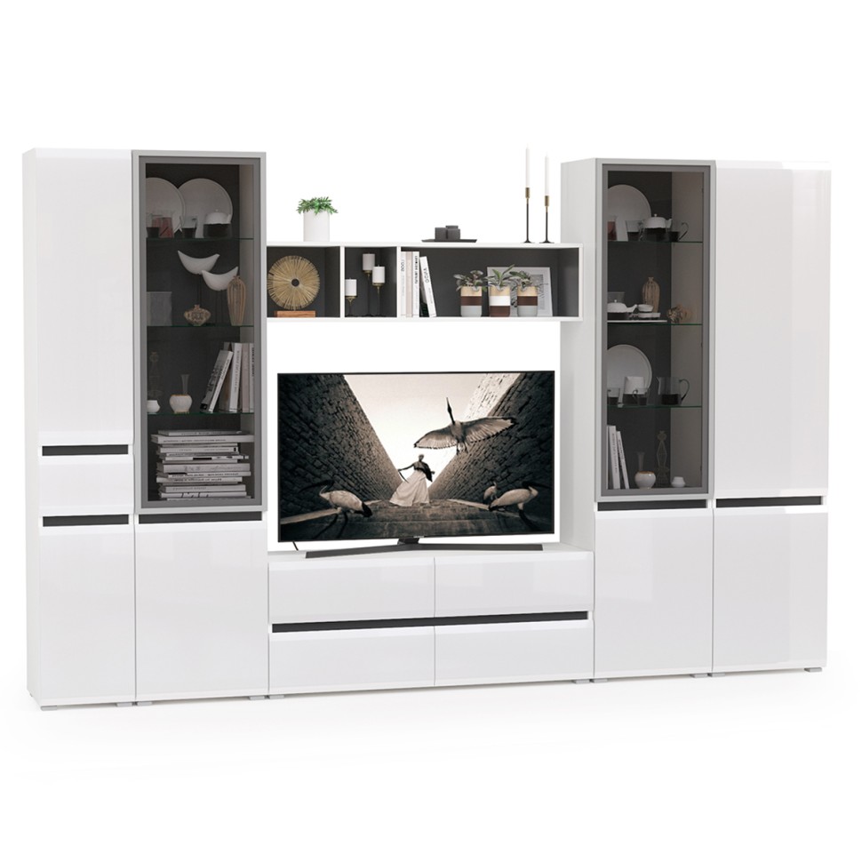 Сидней Комплектация № 028, цвет корпус: белый/чёрный/фасады: МДФ белый глянец, ШхГхВ 314,9х41,3х205,2 см., ниша для ТВ 129х41х98 см., универс. сборка