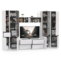 Сидней Комплектация № 028, цвет корпус: белый/чёрный/фасады: МДФ белый глянец, ШхГхВ 314,9х41,3х205,2 см., ниша для ТВ 129х41х98 см., универс. сборка