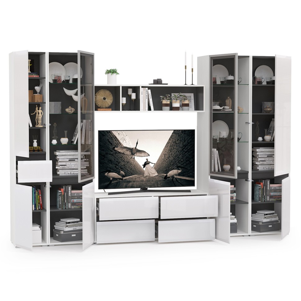 Сидней Комплектация № 028, цвет корпус: белый/чёрный/фасады: МДФ белый глянец, ШхГхВ 314,9х41,3х205,2 см., ниша для ТВ 129х41х98 см., универс. сборка