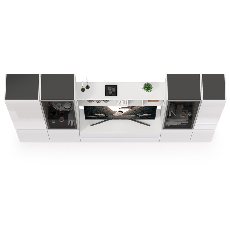 Сидней Комплектация № 028, цвет корпус: белый/чёрный/фасады: МДФ белый глянец, ШхГхВ 314,9х41,3х205,2 см., ниша для ТВ 129х41х98 см., универс. сборка