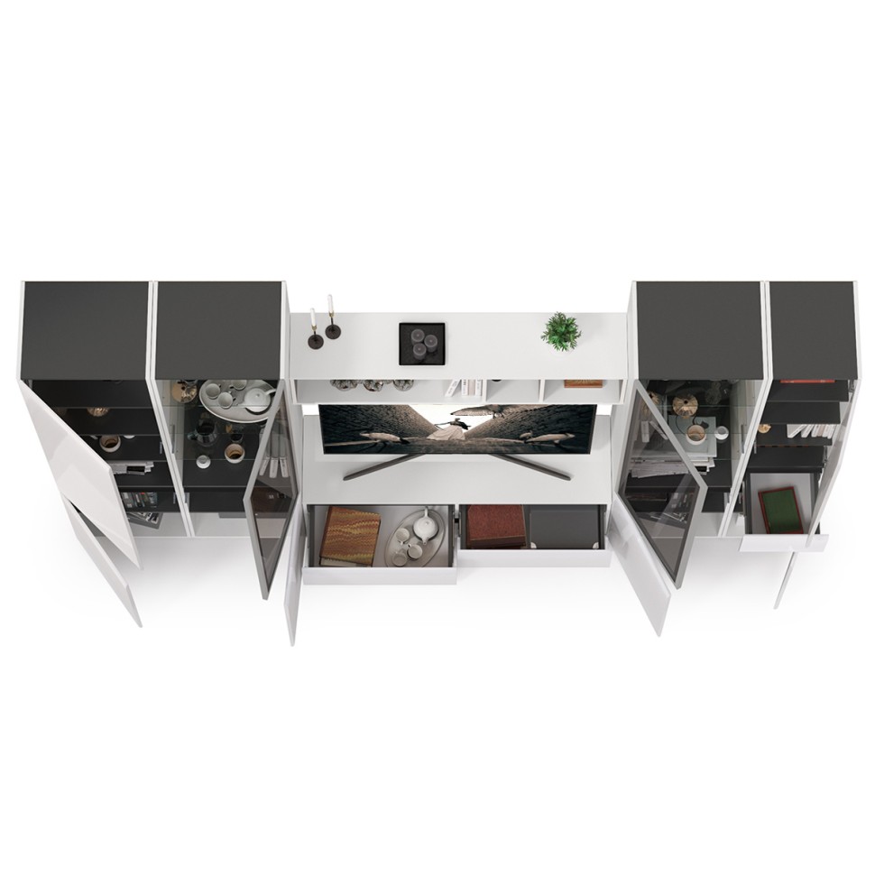 Сидней Комплектация № 028, цвет корпус: белый/чёрный/фасады: МДФ белый глянец, ШхГхВ 314,9х41,3х205,2 см., ниша для ТВ 129х41х98 см., универс. сборка