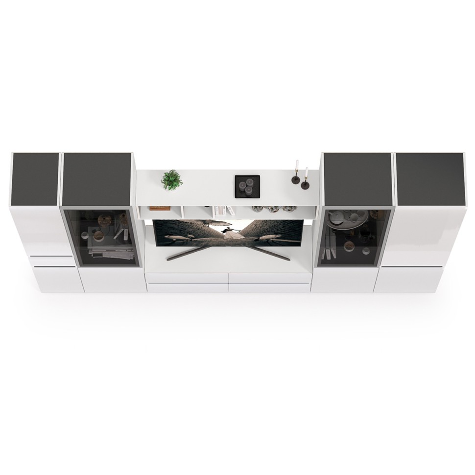 Сидней Комплектация № 028, цвет корпус: белый/чёрный/фасады: МДФ белый глянец, ШхГхВ 314,9х41,3х205,2 см., ниша для ТВ 129х41х98 см., универс. сборка