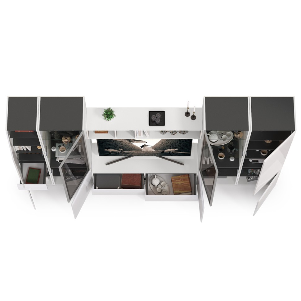 Сидней Комплектация № 028, цвет корпус: белый/чёрный/фасады: МДФ белый глянец, ШхГхВ 314,9х41,3х205,2 см., ниша для ТВ 129х41х98 см., универс. сборка