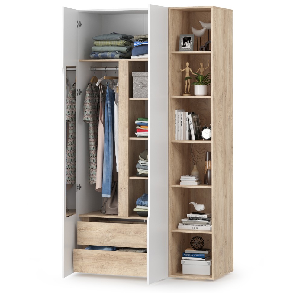 Муссон 13.198 Шкаф двухстворчатый + 13.349 Стеллаж, цвет белый/дуб эндгрейн элегантный, ШхГхВ 127,6х52,3х229,8 см., НЕ универсальная сборка