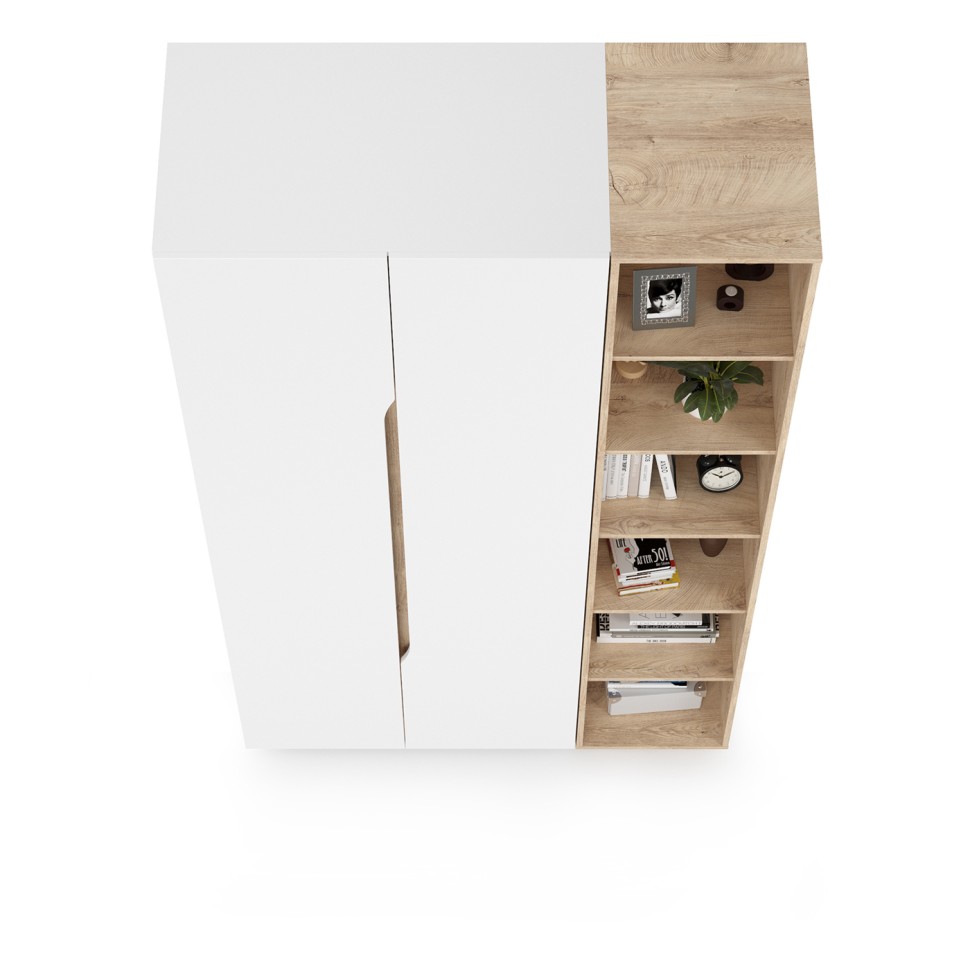 Муссон 13.198 Шкаф двухстворчатый + 13.349 Стеллаж, цвет белый/дуб эндгрейн элегантный, ШхГхВ 127,6х52,3х229,8 см., НЕ универсальная сборка