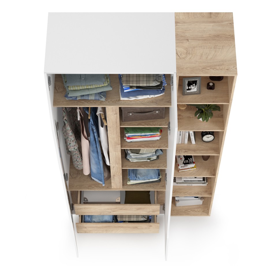 Муссон 13.198 Шкаф двухстворчатый + 13.349 Стеллаж, цвет белый/дуб эндгрейн элегантный, ШхГхВ 127,6х52,3х229,8 см., НЕ универсальная сборка