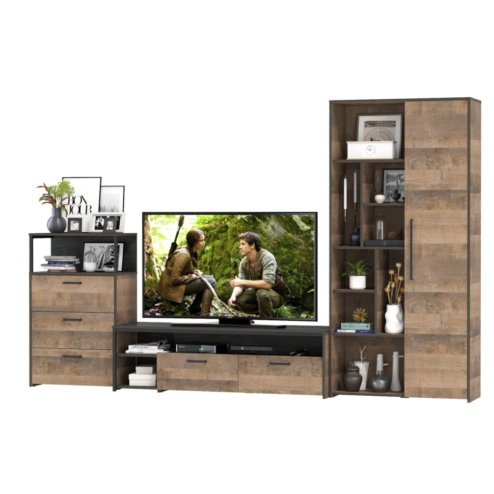 Трувор Гостиная 080, цвет дуб гранж песочный/интра, ШхГхВ 308,8х45,4х194,2 см., универсальная сборка