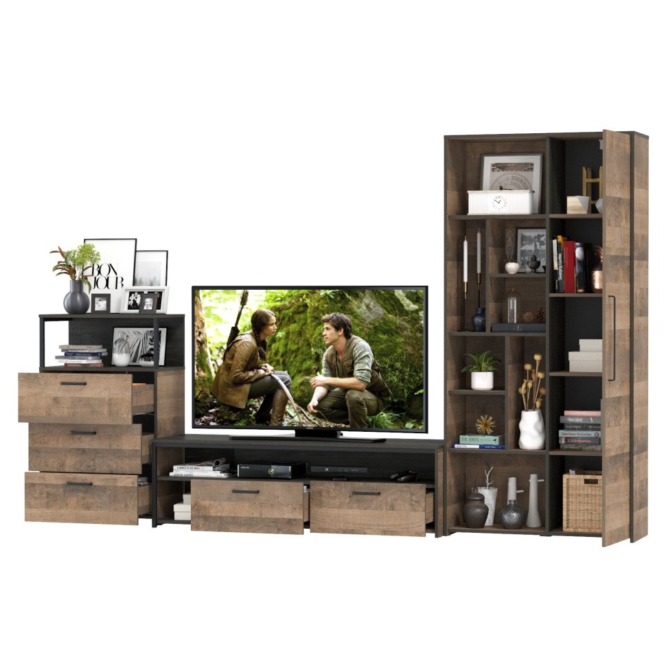 Трувор Гостиная 080, цвет дуб гранж песочный/интра, ШхГхВ 308,8х45,4х194,2 см., универсальная сборка