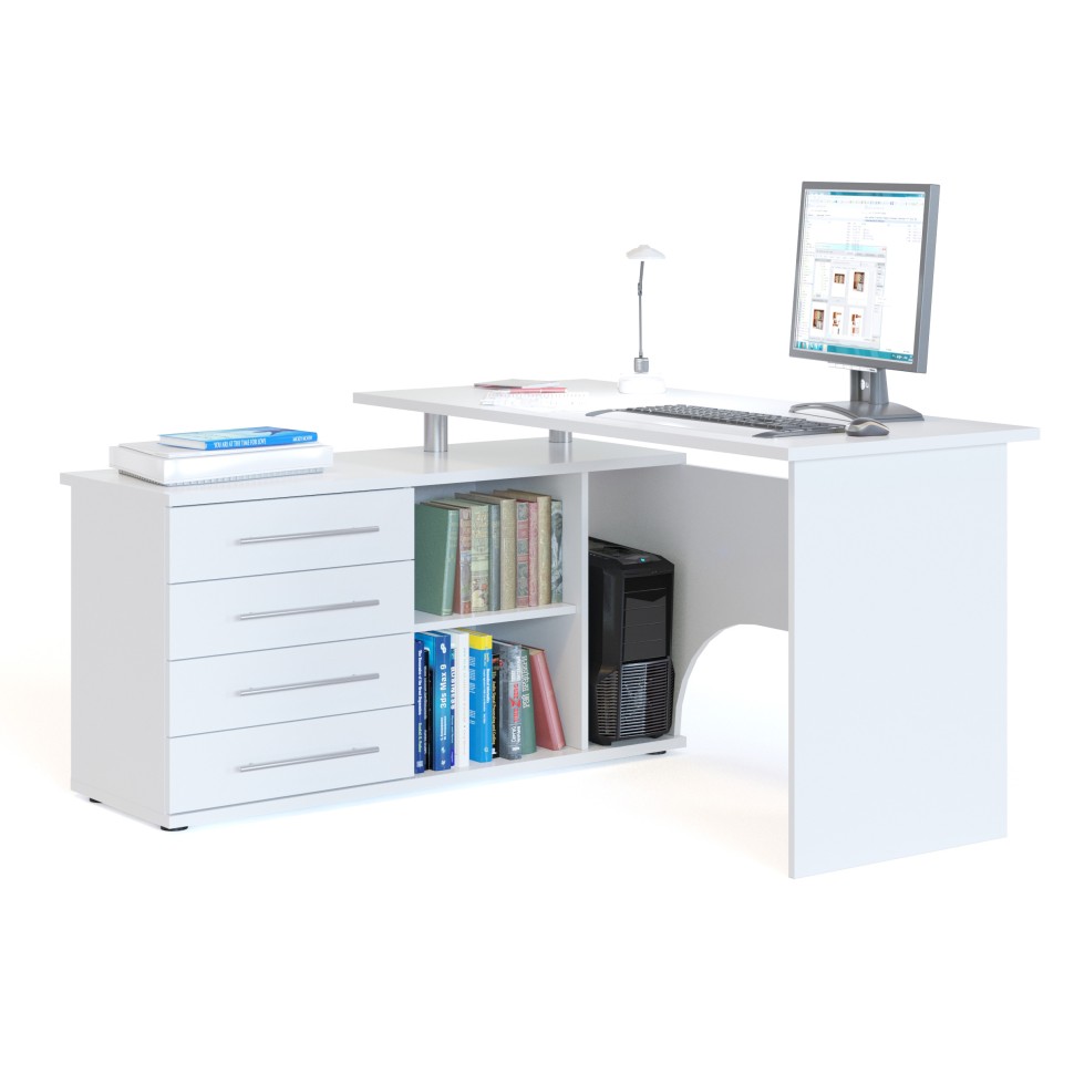 Стол компьютерный Сокол КСТ-109Л левый, цвет белый, ШхГхВ 140х127х75 см., выдвижные ящики слева, стол компьютерный с тумбой