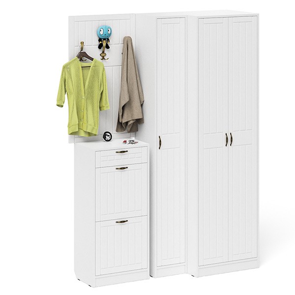 Прихожая П-6 Компоновка № 30, цвет белая шагрень/фасады МДФ белое дерево фрезеровка прованс, ШхГхВ 150х50х210 см., универсальная сборка