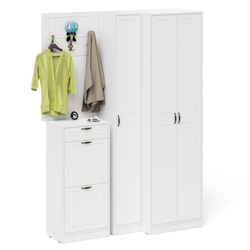 Прихожая П-6 Компоновка № 30, цвет белая шагрень/фасады МДФ белое дерево фрезеровка прованс, ШхГхВ 150х50х210 см., универсальная сборка