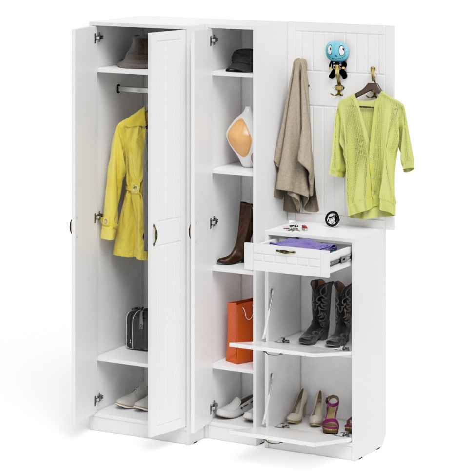 Прихожая П-6 Компоновка № 30, цвет белая шагрень/фасады МДФ белое дерево фрезеровка прованс, ШхГхВ 150х50х210 см., универсальная сборка