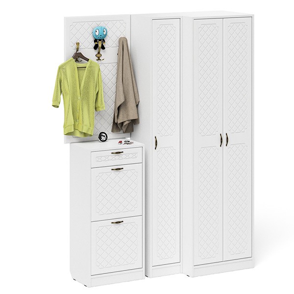 Прихожая П-6 Компоновка № 30, цвет белая шагрень/фасады МДФ белое дерево фрезеровка ромб, ШхГхВ 150х50х210 см., универсальная сборка