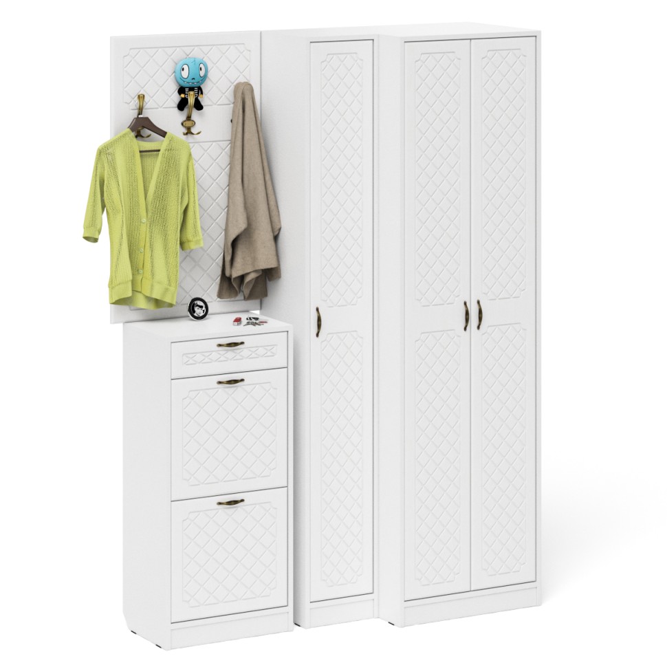 Прихожая П-6 Компоновка № 30, цвет белая шагрень/фасады МДФ белое дерево фрезеровка ромб, ШхГхВ 150х50х210 см., универсальная сборка