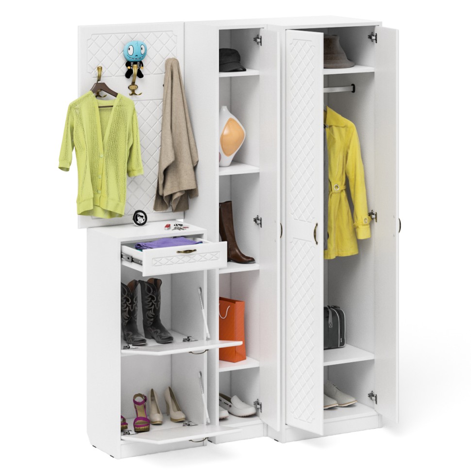 Прихожая П-6 Компоновка № 30, цвет белая шагрень/фасады МДФ белое дерево фрезеровка ромб, ШхГхВ 150х50х210 см., универсальная сборка