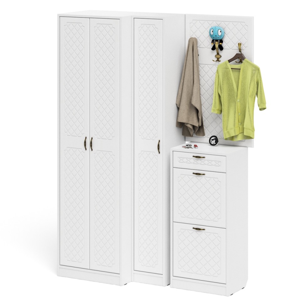 Прихожая П-6 Компоновка № 30, цвет белая шагрень/фасады МДФ белое дерево фрезеровка ромб, ШхГхВ 150х50х210 см., универсальная сборка