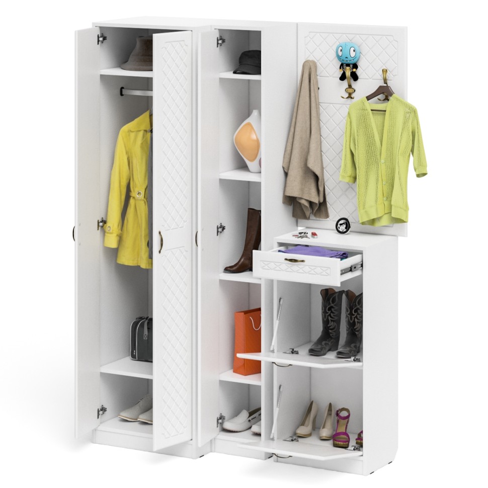 Прихожая П-6 Компоновка № 30, цвет белая шагрень/фасады МДФ белое дерево фрезеровка ромб, ШхГхВ 150х50х210 см., универсальная сборка