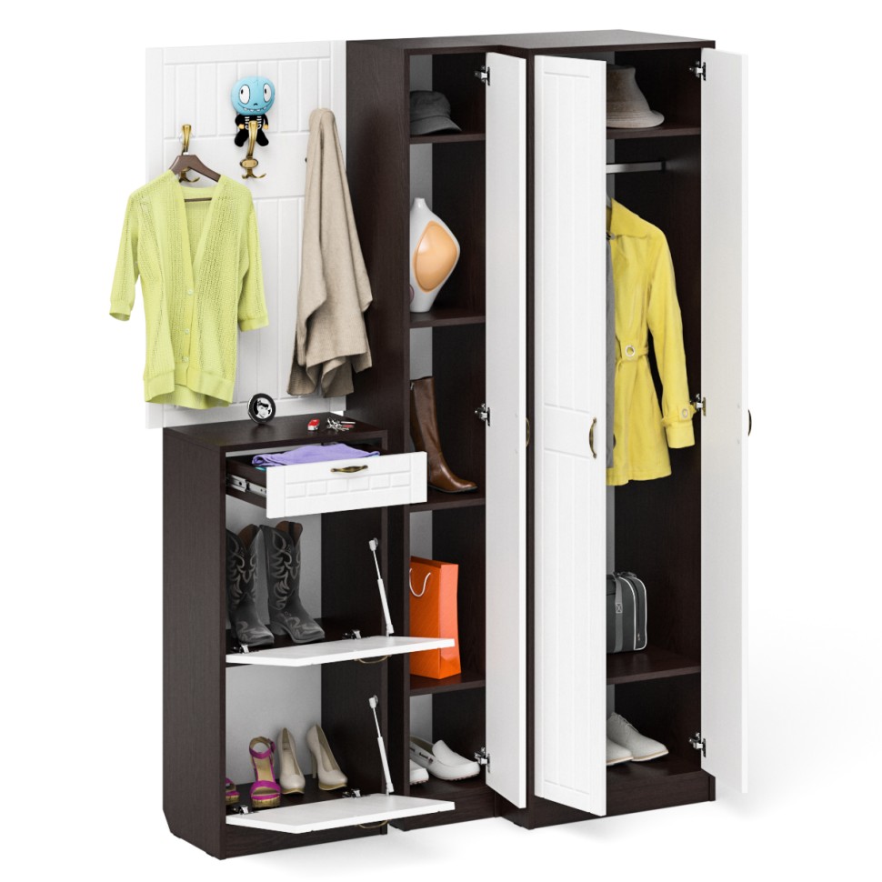 Прихожая П-6 Компоновка № 30, цвет венге/фасады МДФ белое дерево фрезеровка прованс, ШхГхВ 150х50х210 см., универсальная сборка