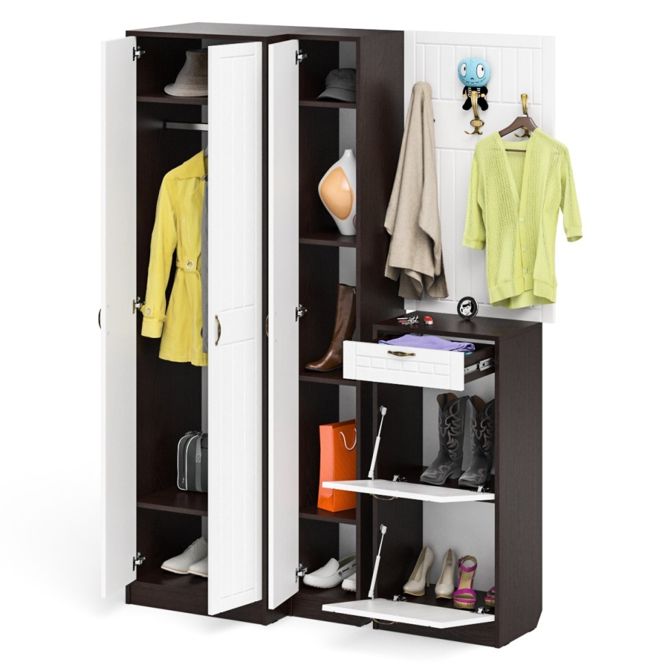 Прихожая П-6 Компоновка № 30, цвет венге/фасады МДФ белое дерево фрезеровка прованс, ШхГхВ 150х50х210 см., универсальная сборка