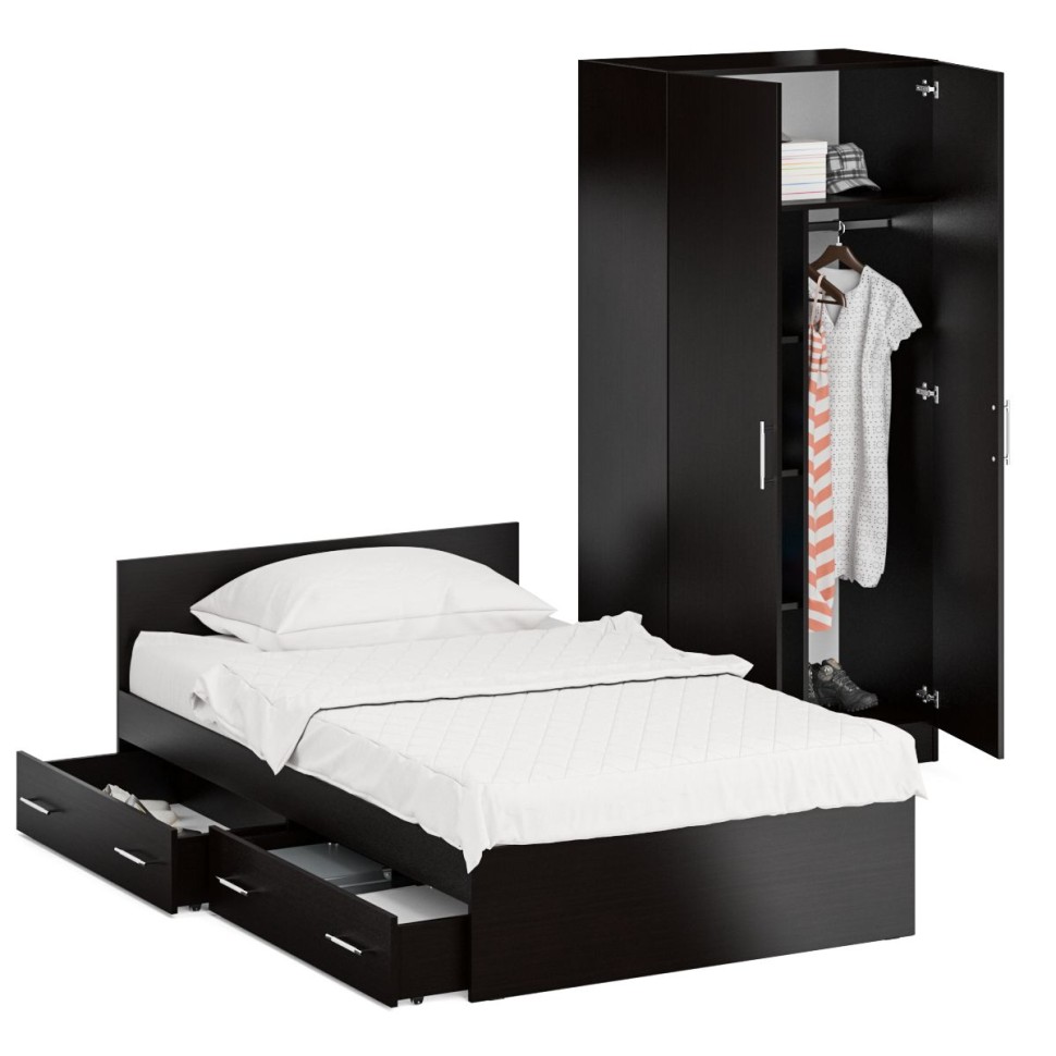 Кровать с ящиками 1200 + Шкаф 2-х створчатый Стандарт, цвет венге, ШхГхВ 123,5х203,5х70 + 90х52х200 см., сп.м. 1200х2000 мм., б/м, основание есть