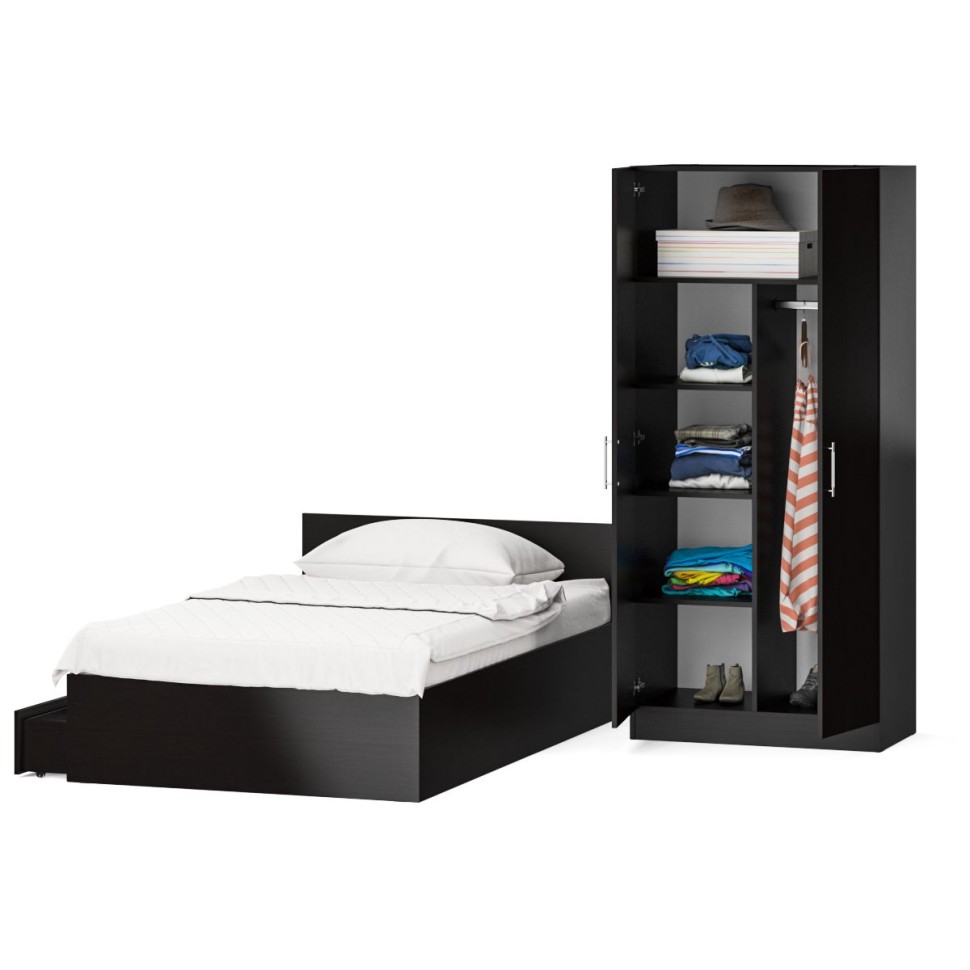 Кровать с ящиками 1200 + Шкаф 2-х створчатый Стандарт, цвет венге, ШхГхВ 123,5х203,5х70 + 90х52х200 см., сп.м. 1200х2000 мм., б/м, основание есть